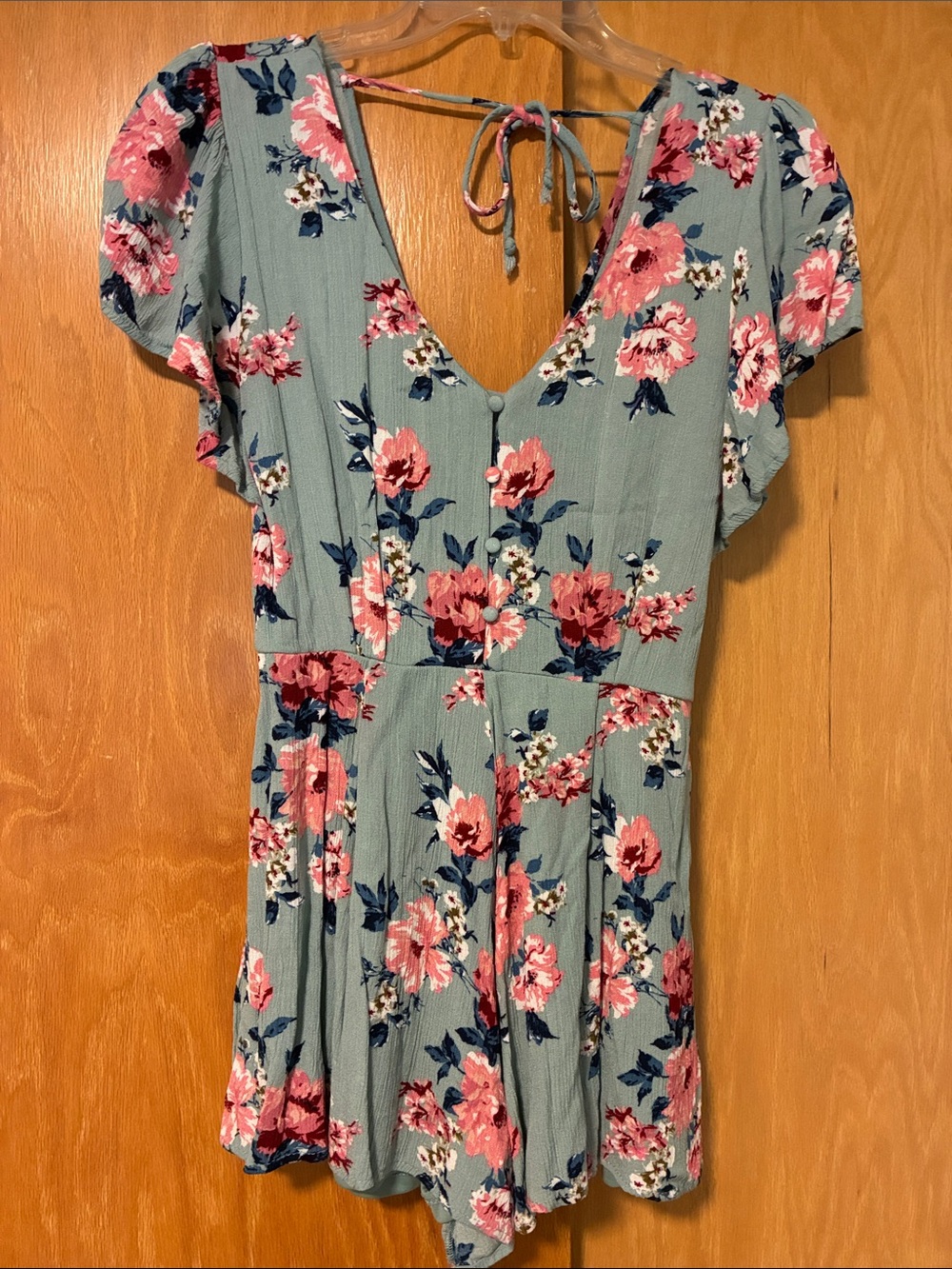 Floral V-Neck Short Sleeve Romper in Sage with Pink Blooms